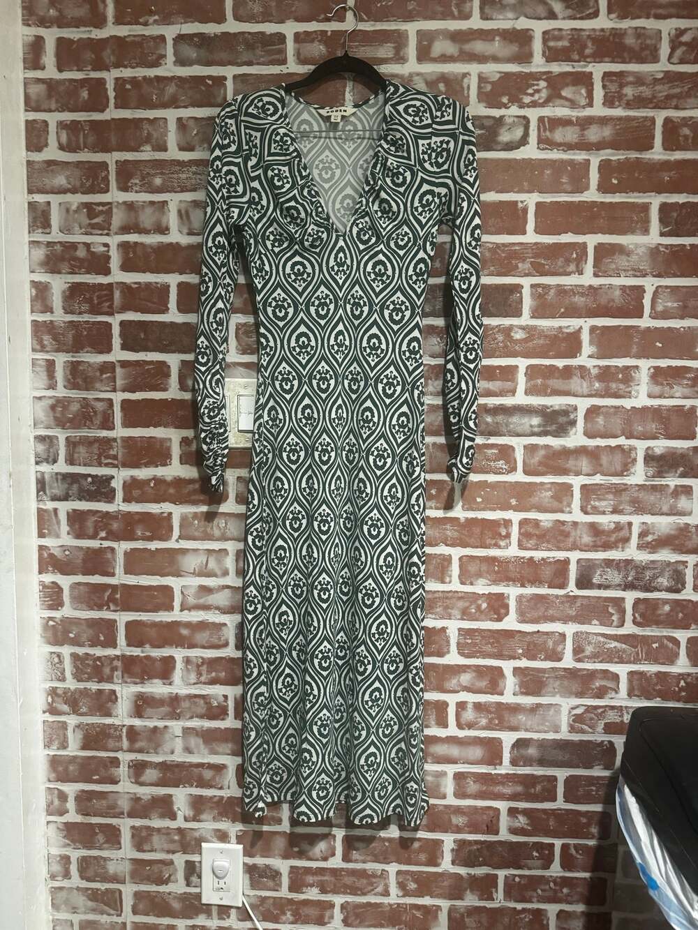 Boden Ogee Green Cream Print Long Sleeve V Neck Maxi Dress US 2R